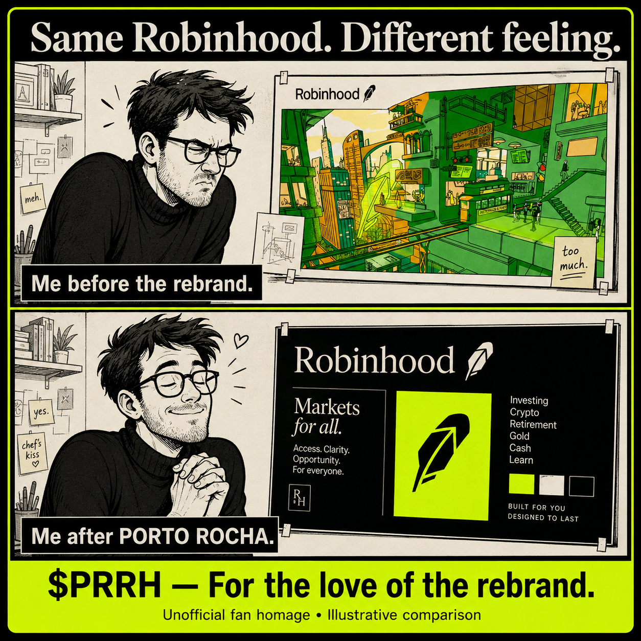 A displeased fan looks at the earlier illustrated Robinhood identity; the same fan is blissfully content with the clean rebrand. Me after PORTO ROCHA.